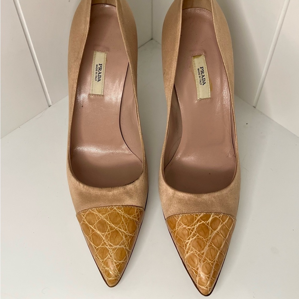 Prada Pink Satin Heels with Snake Skin Toe